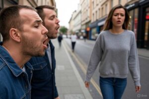 Due uomini commentano una donna che passeggia