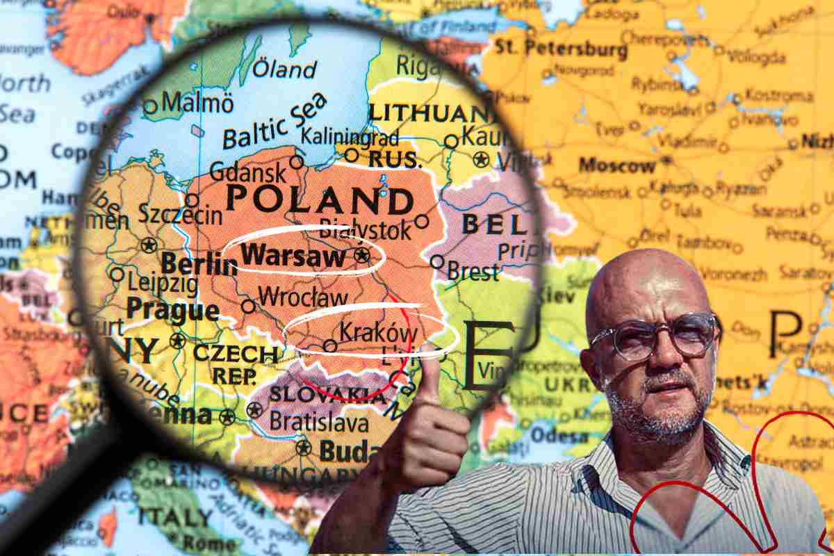 Enrico Camelio con il pollice in alto e la cartina della Polonia