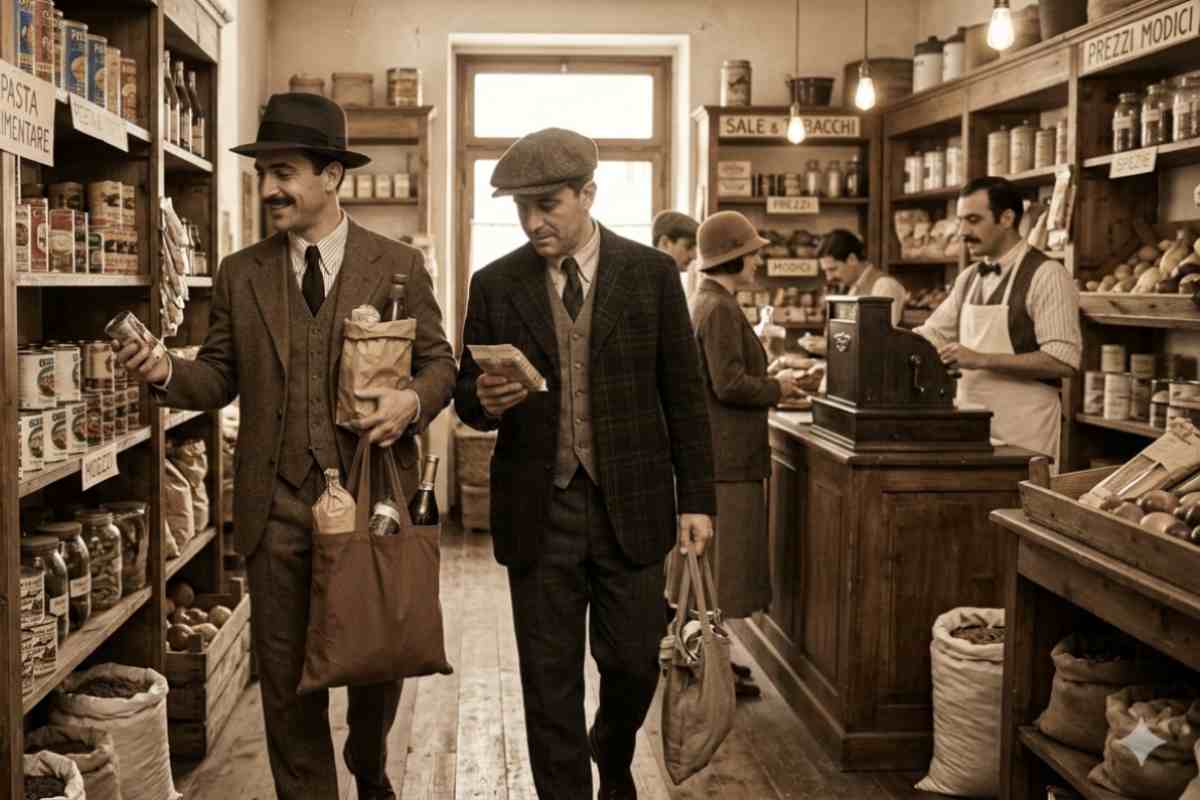 Due uomini fanno la spesa negli Anni '20 - immagine generata con AI